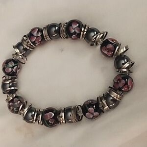 Stretch bracelet  Japanese painted floral glass bead combined with hematite